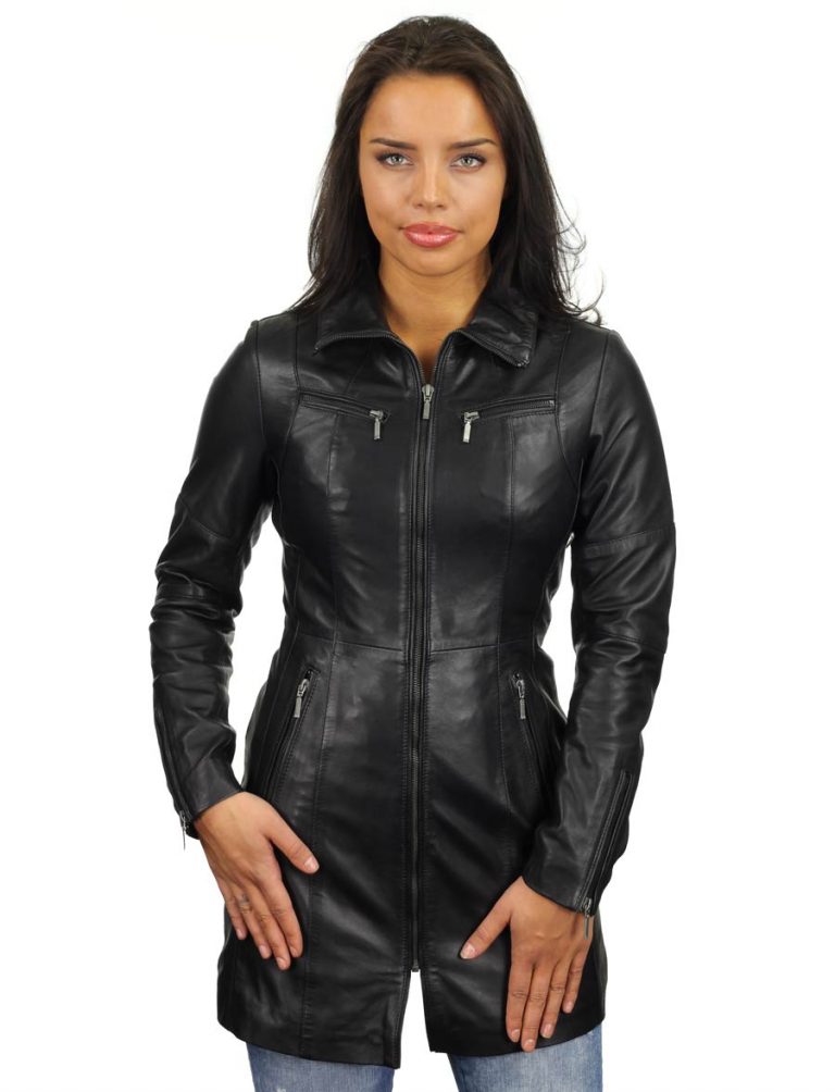 long ladies leather jacket black 312 Versano