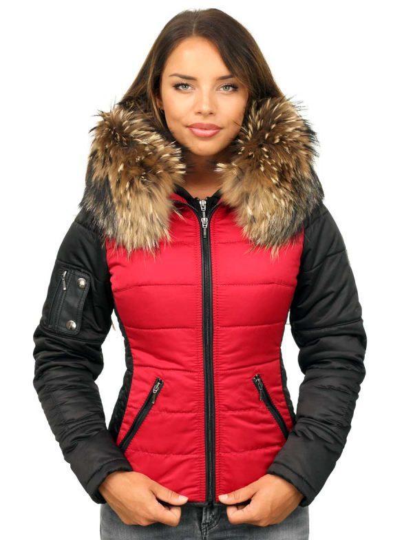 jas met bontkraag rood zwart Shamila, dames winterjas in jas met bontkraag rood zwart Shamila, dames winterjas in
