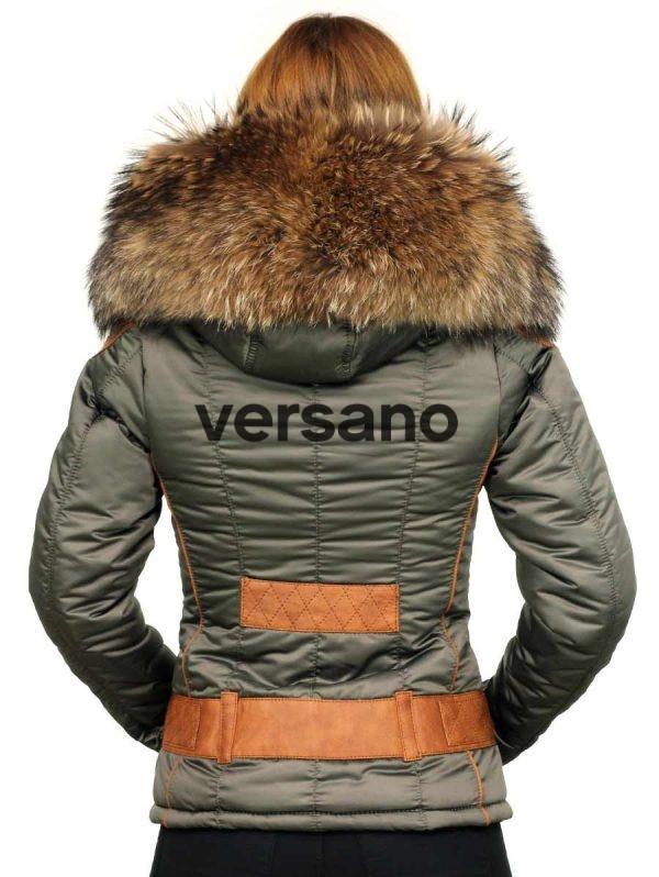 Italiaanse dames winterjas met bontkraag legergroen Claudia Winterjas bontkraag dames met badges zwart Versano