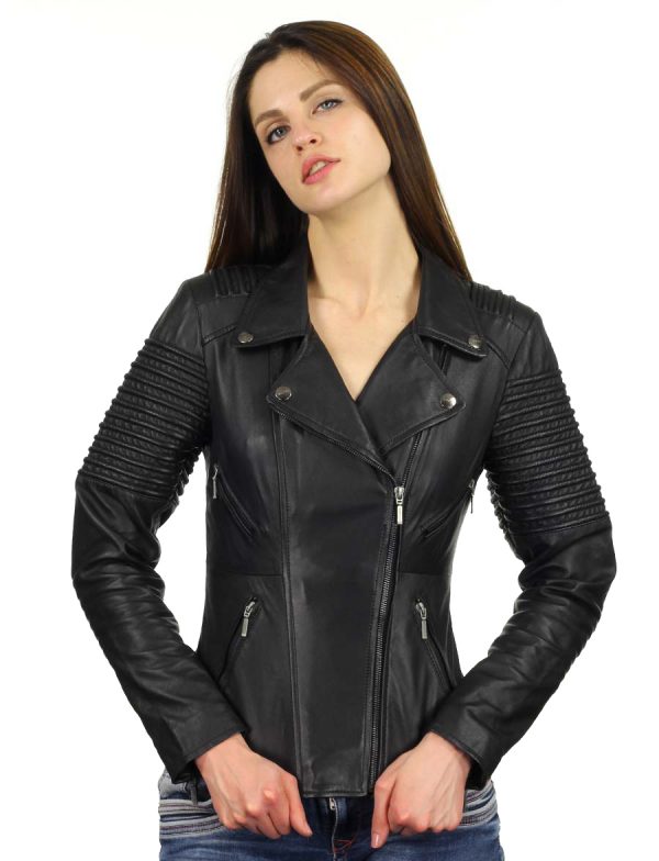 chaqueta de motociclista señoras de cuero de imitación negro 343 Versano