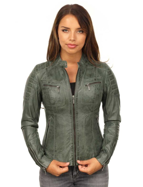 leather ladies jacket biker look Miami green Versano