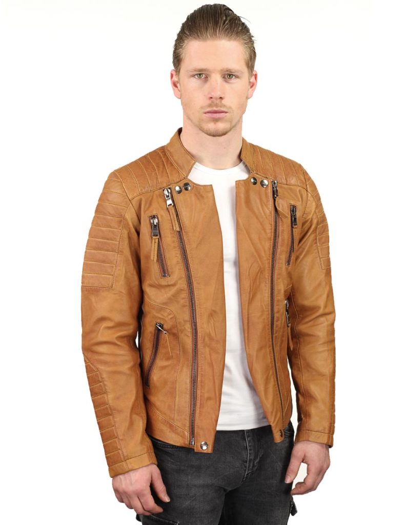 Distressed lederen motorjas | Echte leren jas heren | Motorfiets kleding voor heren | Met meerdere zakken en verstelbare mouwen, Bruin Zwart, XS