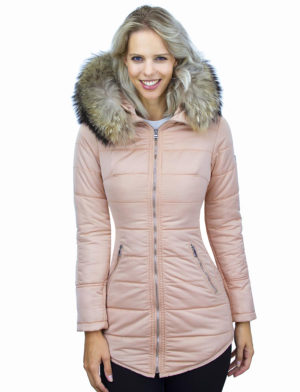 lange dames winterjas met bontkraag rose Genny Versano silver zip lange dames winterjas met bontkraag rose Genny Versano silver zip