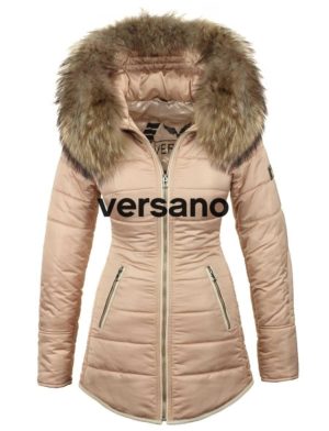 Lange dames winterjas met bontkraag rose Genny Versano Lange dames winterjas met bontkraag rose Genny Versano
