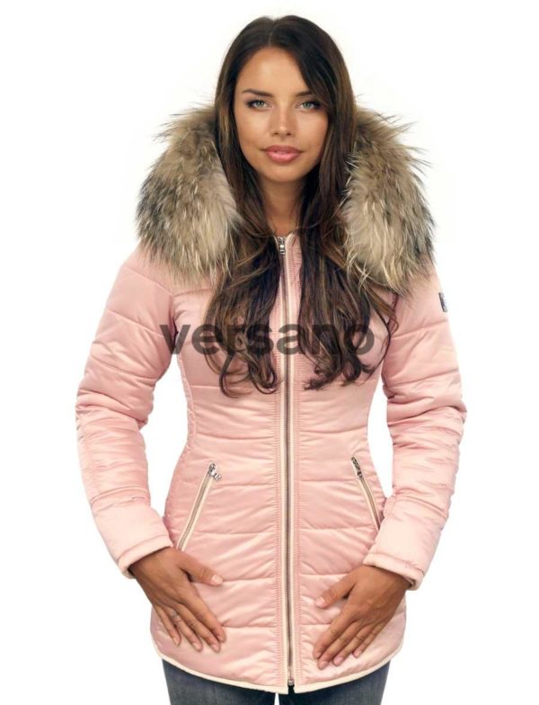 Lange dames winterjas met bontkraag rose Genny Versano Lange dames winterjas met bontkraag rose Genny Versano