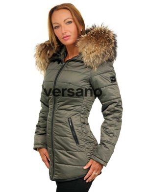 Dames winterjas halflang groen met bontkraag Genny Versano Dames winterjas halflang groen met bontkraag Genny Versano