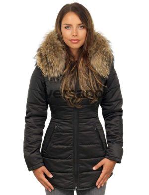 Lange dames winterjas met bontkraag zwart Genny Versano Lange dames winterjas met bontkraag zwart Genny Versano