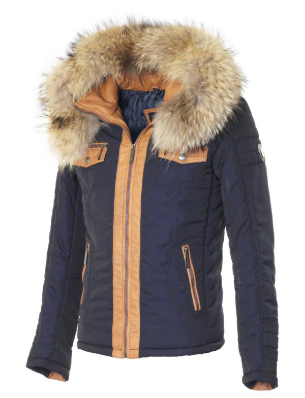 winterjas heren blauw met cognac biezen Roger Versano winterjas heren blauw met cognac biezen Roger Versano