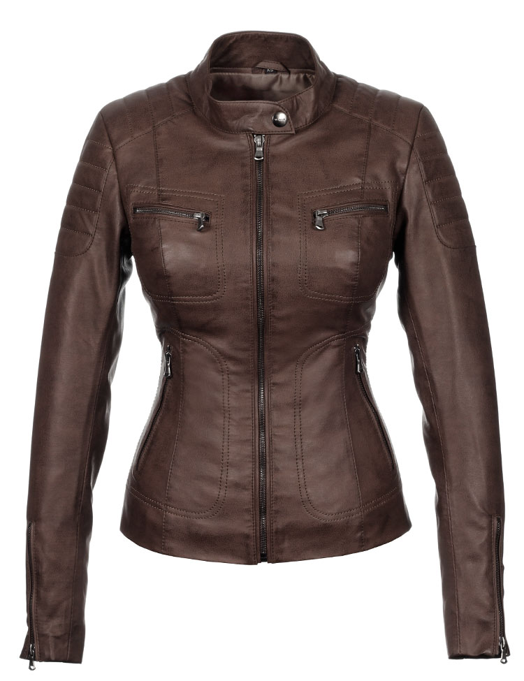 ladies imitation leather biker jacket brown Miami Versano