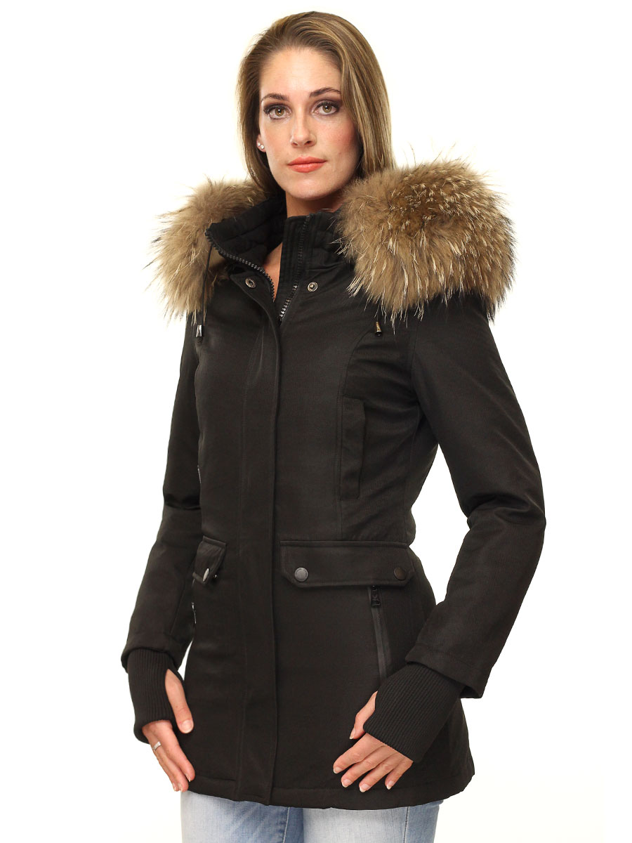 Womens black coat with fur collar Clearance