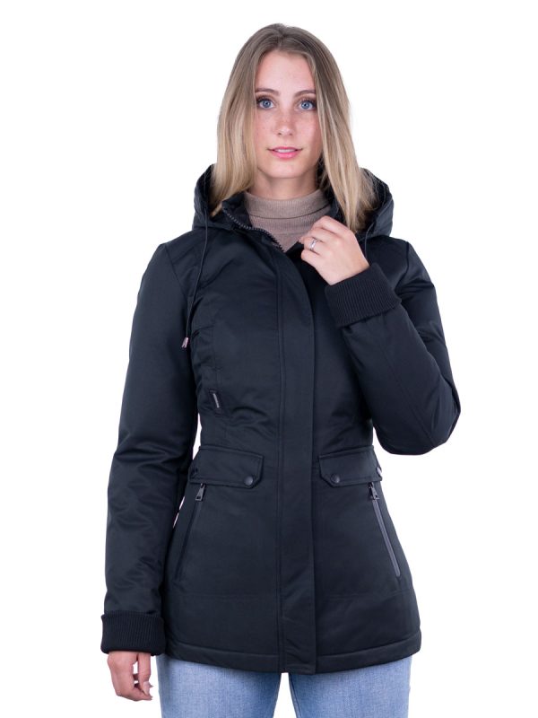 abrigo de invierno para mujer con cuello de piel Jessica negro con cierre de botón magnético Versano