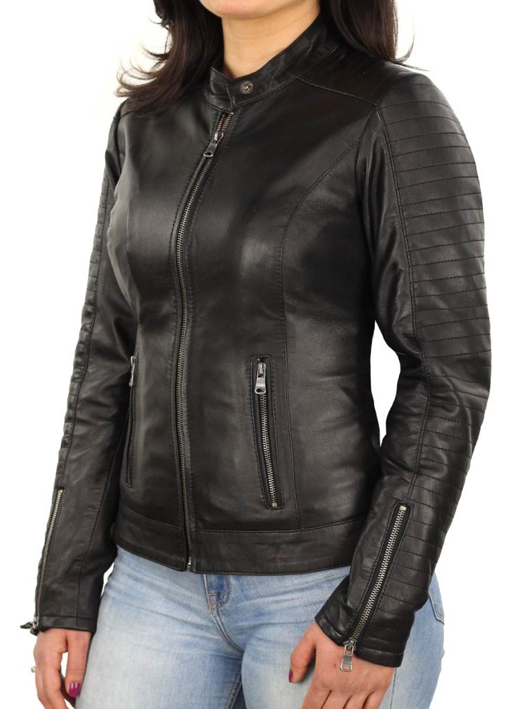 Damen Leder-Bikejacke echte Schafswolle Lederjacke für Damen Vintage Motorradjac