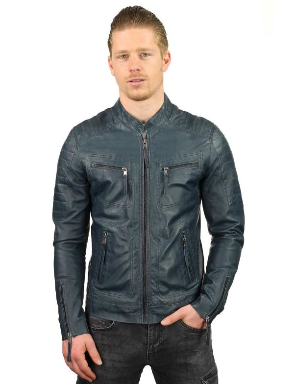 Leather biker jacket men blue TR36 B Versano