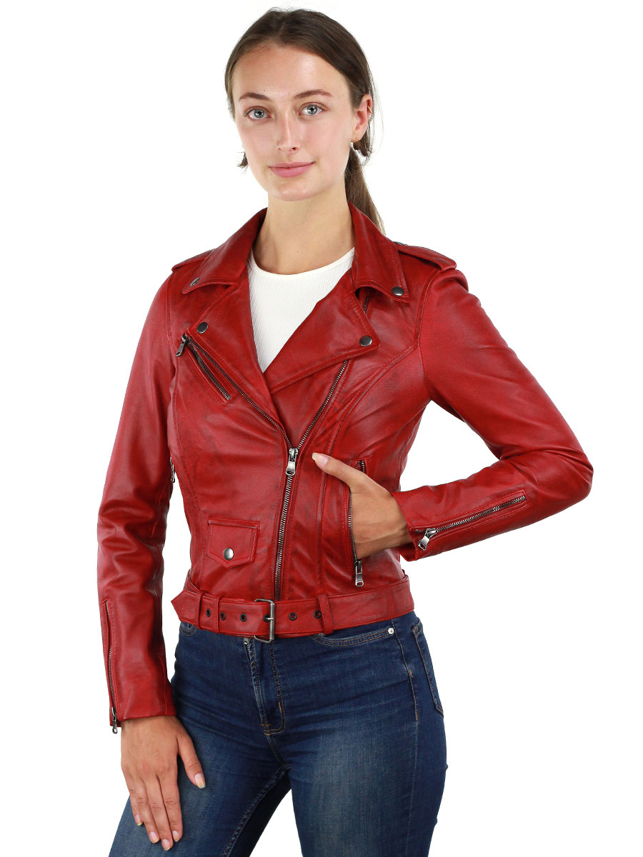 Dames leren biker jas met riem rood Versano 350