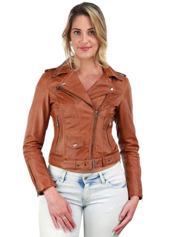 Ladies leather jacket with belt cognac Versano 350